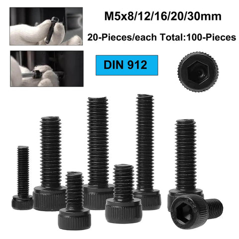 100 Pieces M5 Hex Socket Head Cap Screws Bolts Set, Black Oxide Finish, Grade 12.9 Alloy Steel, Fully Threaded, 0.8mm Pitch, Includes Allen Key, Sizes 8, 12, 16, 20, 30mm, Heavy Duty Industrial Fasteners