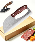 2 Piece Beast Mode Meat Cleaver Knife Set For Effortless Chopping, with Viking style and wooden handles, displayed with meat and veggies.