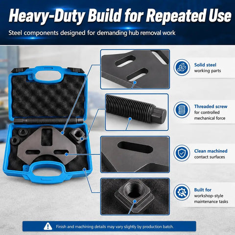 Built Tough Wheel Hub Puller Kit Compatible With 5 6 And 8 Lug Cars Trucks showing steel components and slotted mounting plate design.