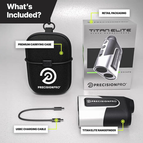 Included items: Titan Elite Golf Rangefinder With Built In GPS, Slope Switch, Magnetic Grip, Waterproof Build, case, and USB cable.