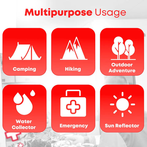 Multipurpose usage icons for Mylar Rescue Emergency Blanket For Survival, Extra Large 54 By 84 Inch Silver Thermal Sheet, camping, hiking, emergency, sun reflector, water collector, outdoor adventure.