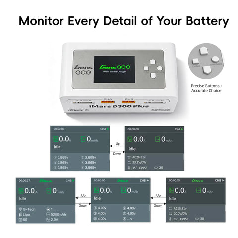 Dual LiPo Charger For RC Fans With Bluetooth App Control, 16A AC 300W DC 700W, Fast Balance Charge For 1S To 6S LiPo LiHV Life LiIon NiMH, USB Port, Multi Language Support, White, displaying precise buttons and detailed screen interface.