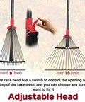 Adjustable metal leaf rake with 18 tines, 9 to 18-inch expandable head, and 76-inch handle showing rake expansion mechanism.