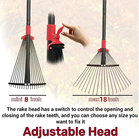 Adjustable metal leaf rake with 18 tines, 9 to 18-inch expandable head, and 76-inch handle showing rake expansion mechanism.