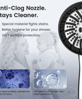 Anti-clog nozzles of the high pressure handheld shower head with eight modes built-in filtered water softener and 60-inch stainless steel hose.