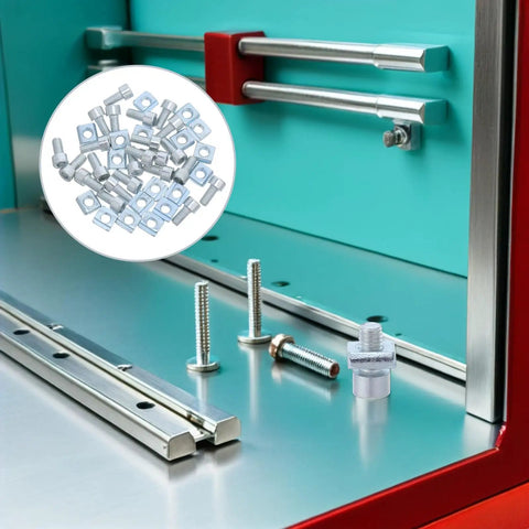 M5 Slotted T Nut Slide Nuts Set For T Track Fastening, 50 Pcs shown on metal machine tool slots, nuts and bolts visible
