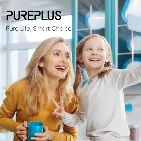 Mother and daughter smiling in kitchen with PUREPLUS logo, focus on family and home environment.
