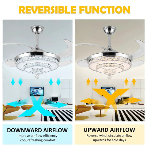 Crystal Chandelier Ceiling Fan With Light 42 Inch LED Stepless Dimmable Fandelier showing reversible airflow function for living rooms.