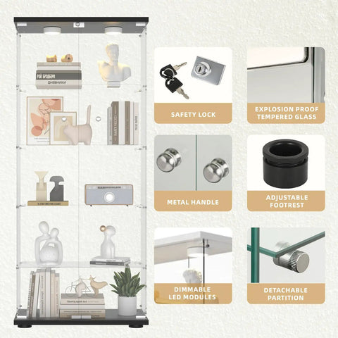 Five Shelf Glass Display Cabinet With Locking Door And Remote LED Lights showing shelves, safety lock, and glass details