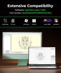 Extensive compatibility setup for Falcon 10W Laser Engraver With Air Assist And Rotary Roller showing software formats and devices