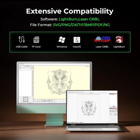 Extensive compatibility setup for Falcon 10W Laser Engraver With Air Assist And Rotary Roller showing software formats and devices