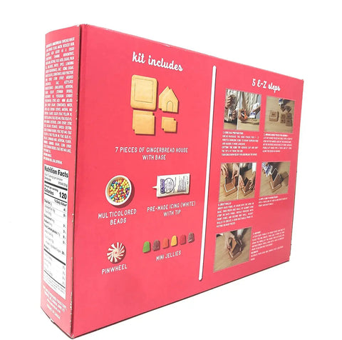 Back view of EZ Build Gingerbread House Kit box showing contents: prebaked pieces, icing tube, and festive candy for holiday craft.
