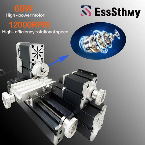 60W Mini Bench Electric Lathe Machine 12000 RPM All Metal Woodworking Tool, showcasing high-efficiency motor and sturdy construction.