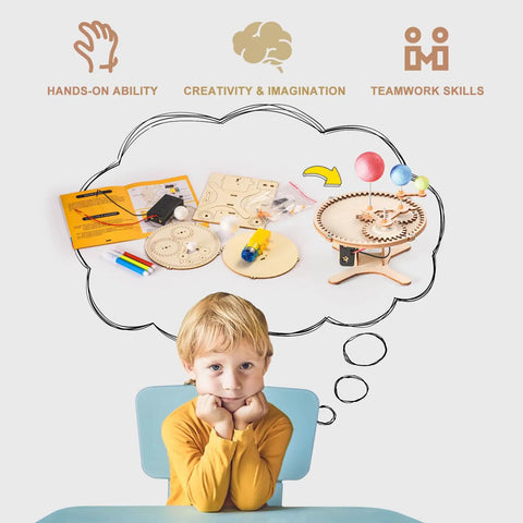 Child imagining Awesome Science Kits For Kids Aged 8-12 With Wood Building Crafts And 5 Real Experiments including Newton's Cradle set