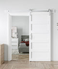 36 By 84 Inch White Sliding Barn Door With 6.6 Foot Brushed Nickel Hardware Kit And Handle, 5 Panel, Pre Drilled Holes, in modern home interior