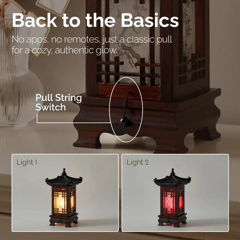 Handmade Korean Wood Lamp With Pagoda Design Asian Table Lantern for Nightstand featuring pull string switch and two light color options.
