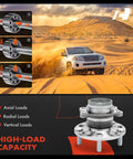 High-load capacity rear wheel bearing and hub assembly with ABS ring in off-road setting, highlighting axial, radial, vertical loads.