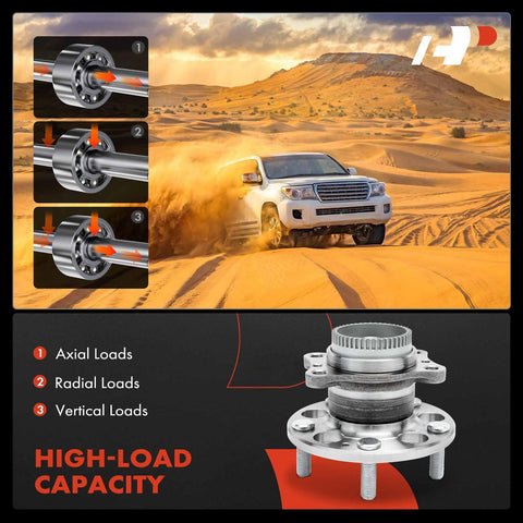 High-load capacity rear wheel bearing and hub assembly with ABS ring in off-road setting, highlighting axial, radial, vertical loads.