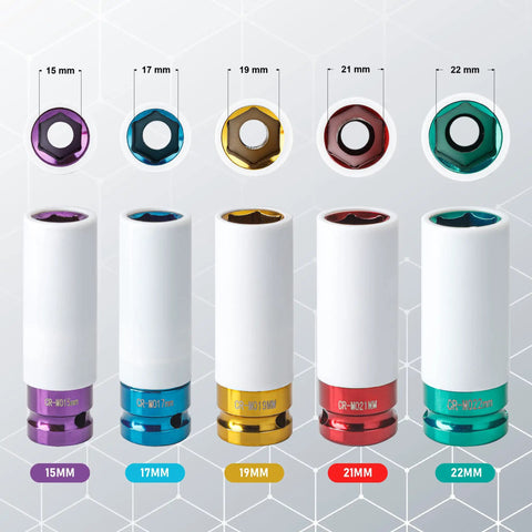 5 Piece Deep Impact Socket Set One Half Inch Drive Non Marring Lug Nut Sockets With Protective Nylon Sleeves Chrome Moly CR MO 15 17 19 21 22mm Heavy Duty Garage Must Have, each socket shown in different color and size options.