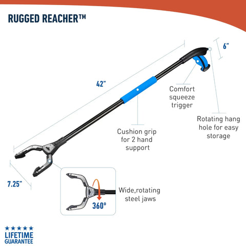Forty Two Point Five Inch Heavy Duty Reacher Grabber Tool With Rotating Head For Outdoor Trash Pickup And Yard Cleanup Rugged Claw For Twigs Lawn And Garden Use Easy Reach For Elderly And Mobility Helpers No Bending Needed