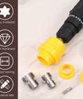 Heavy Duty Pvc Threader Kit With Electric Drill Adapter Including One Half, Three Quarter And One Inch Dies For Pipe Plumbing Works Crisp Cut No Burrs Easy Install Reusable Alloy Steel Tapping Tool with drill attachment and accessories.