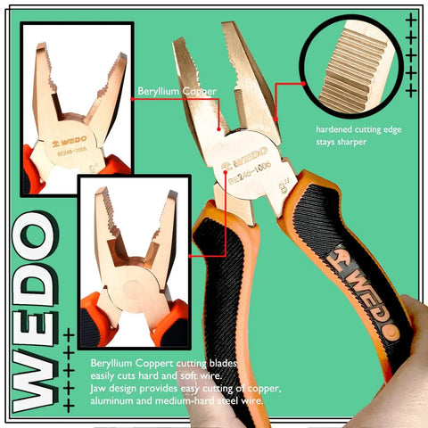 Beryllium Copper pliers from Non Sparking 20 Piece Tool Set With Pipe Wrench Pliers Screwdrivers Adjustable Wrench Chisel And Sledge Hammer Pro Grade Die Forged Beryllium Copper Non Magnetic Corrosion Resistant DIN Standard BAM Certified.