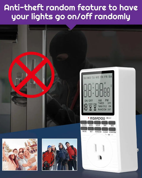 Programmable Outlet Timer With Digital Countdown And Weekly Schedule For Intermittent Cycling Nineteen On Off Programs Dead Simple Plug And Play Adapter Fifteen Amps One Eight Hundred Watt Capacity with anti-theft feature.