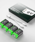 4 Pack Rechargeable 9V Batteries Featuring 1300mAh Lithium Ion Juice And Usb C Built In Port With Led Charging Lights displayed with USB-C cable.