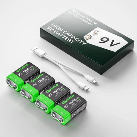 4 Pack Rechargeable 9V Batteries Featuring 1300mAh Lithium Ion Juice And Usb C Built In Port With Led Charging Lights displayed with USB-C cable.