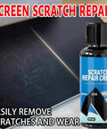 Scratch Remover Compound For Smartphone Screens With Quick Fix Technology Erases Scratches On The Go Easy On The Go Mobile Screen Repair bottle next to scratched phone screen.