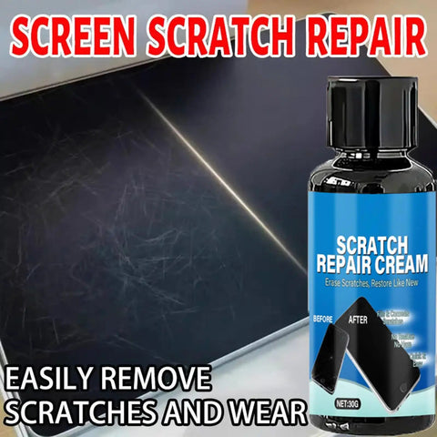 Scratch Remover Compound For Smartphone Screens With Quick Fix Technology Erases Scratches On The Go Easy On The Go Mobile Screen Repair bottle next to scratched phone screen.