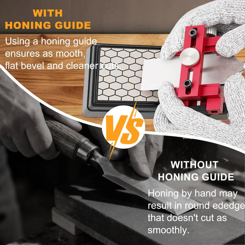Comparison of chiseling with All In One Chisel Sharpening Kit With Honing Guide And 400 1000 Grit Diamond Stones and without guide