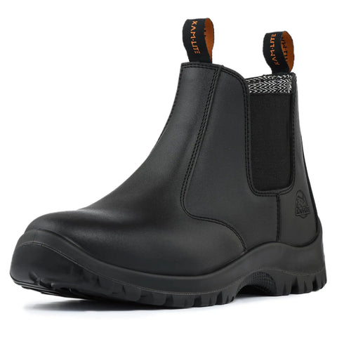 Side view of black Men's Slip On Steel Toe Chelsea Work Boots, Waterproof And Slip Resistant, Lightweight Safety Shoes.
