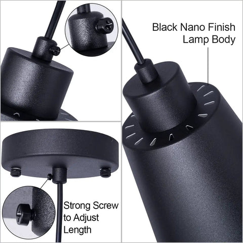 Close-up of Black Pendant Light For Kitchen Island With Adjustable Cord And 5.94 Inch Metal Shade showing lamp body and screw.