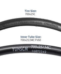 Two Pack 700C Road Bike Tires And Heavy Duty Tubes With Presta Valve For 700X25C To 700X26C Bikes text on tire and tube sizes