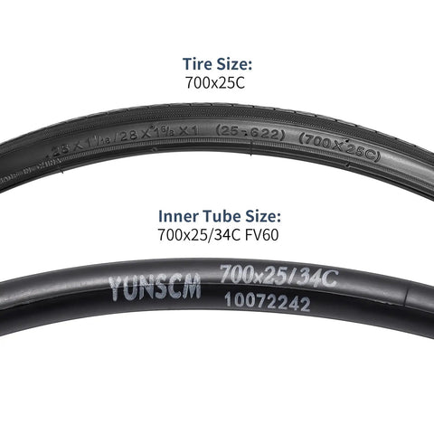 Two Pack 700C Road Bike Tires And Heavy Duty Tubes With Presta Valve For 700X25C To 700X26C Bikes text on tire and tube sizes
