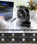 Camping Fan With Light 20000mAh Rechargeable Battery, Remote Control, 8 speeds with digital display and plants in background