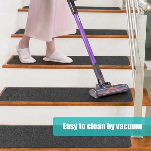 Non Slip Stair Treads For Wood Steps 8 By 30 Inches 15 Pack Self Adhesive Indoor Carpet Protectors with easy vacuum cleaning.