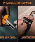 Precision electrical work using long nose pliers and wire strippers from Go-To 368-Piece Home Repair Tool Kit With Drawer Toolbox Set Built Tough For Home Office Garage And DIY Projects Includes Hammer Pliers Screwdrivers Wrench Tape Measure And More.
