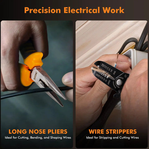Precision electrical work using long nose pliers and wire strippers from Go-To 368-Piece Home Repair Tool Kit With Drawer Toolbox Set Built Tough For Home Office Garage And DIY Projects Includes Hammer Pliers Screwdrivers Wrench Tape Measure And More.