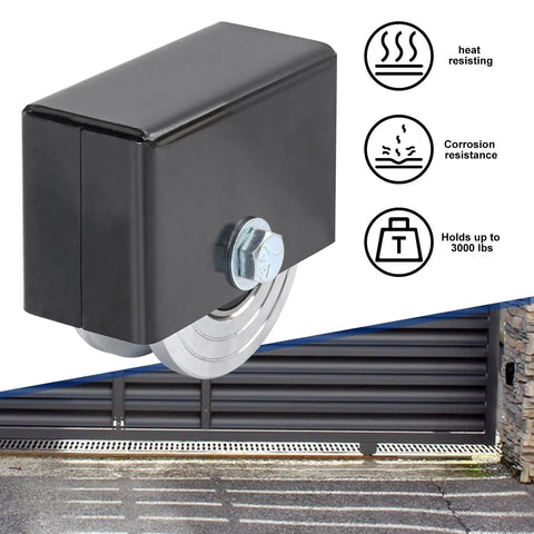Beefed Up Heavy Duty 4 Inch V Groove Sliding Gate Wheels With Welded Bracket Box, shown with gate and features.