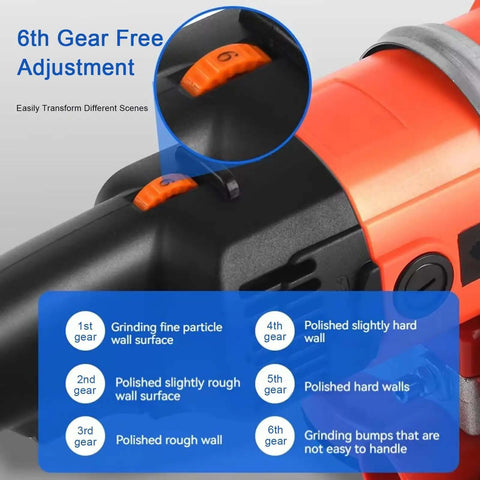 Concrete Grinder Set, Heavy-Duty Electric Angle Grinder for Floor Sanding showing 6-variable speed gear adjustment options.