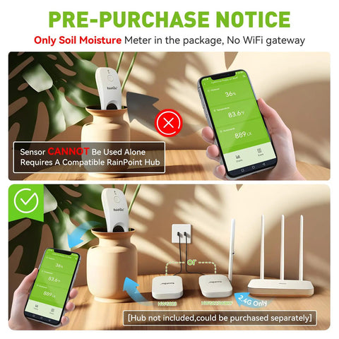 Image showing All In One App Remote Monitoring WiFi Soil Meter For Plants with phone display and RainPoint hub setup.