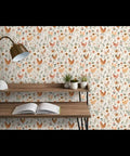 Top Tier Matte Wallpaper Featuring Pastel Hen Pattern And Subtle Linen Texture in a cozy workspace with desk and lamp.
