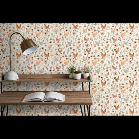 Top Tier Matte Wallpaper Featuring Pastel Hen Pattern And Subtle Linen Texture in a cozy workspace with desk and lamp.