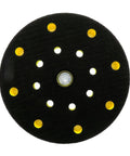 Super Durable 6 Inch Sanding Pad With Dust Free Vent Holes And M8 Thread For Fast Disc Swapping On Random Orbit Sanders, black with yellow vent holes.