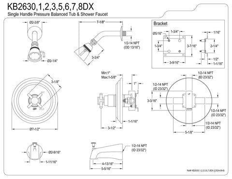 Technical drawing of Concord Tub And Shower Faucet With Polished Chrome Finish Brass Construction Pressure Balanced Washerless Cartridge.