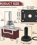 Diagram of Momentary 3 Position Toggle Switch 12V DC 30A SPDT Waterproof with size dimensions and panel mount cap