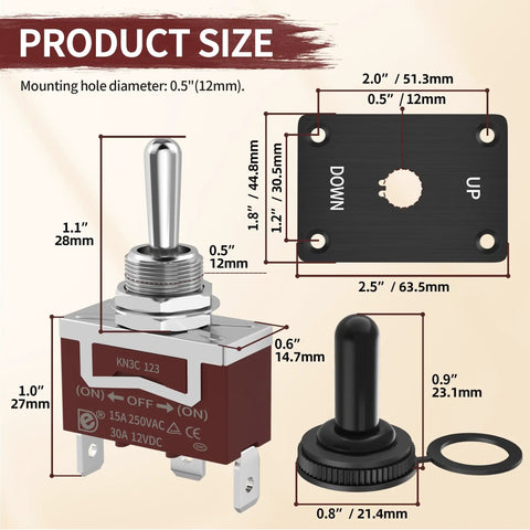 Diagram of Momentary 3 Position Toggle Switch 12V DC 30A SPDT Waterproof with size dimensions and panel mount cap
