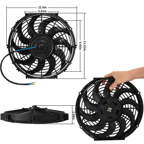 Beat The Heat Shop Grade 12 Inch Curved Electric Radiator Cooling Fan Push Pull Rig With Bolt On Mount Kit Two Pack, dimensions and design shown.
